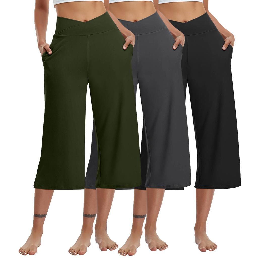3 Pack Women Elastic High Waist 3/4 Pant Casual Active  Fit Wide Capris Leg Pants Trousers With Pockets