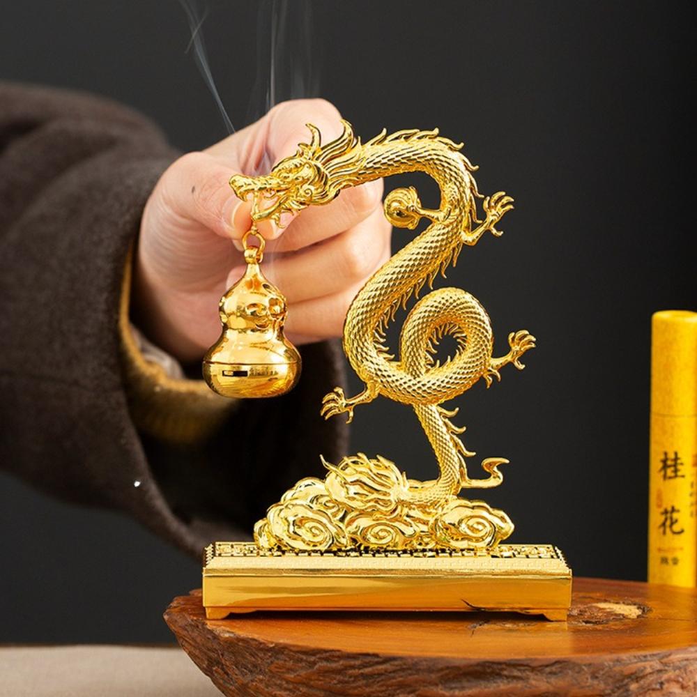 Chinese Feng Shui Golden Dragon Incense Burners with Hulu Fragrance Plate Auspicious Animal Statue Home Office Meditation Decor