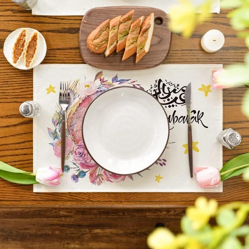 Ramadan Karim Lněné podložky pod talíře, Stolní dekorace, Muslimské islámské párty potřeby, Eid Al-Fitr Mubarak Rodinné dekorace