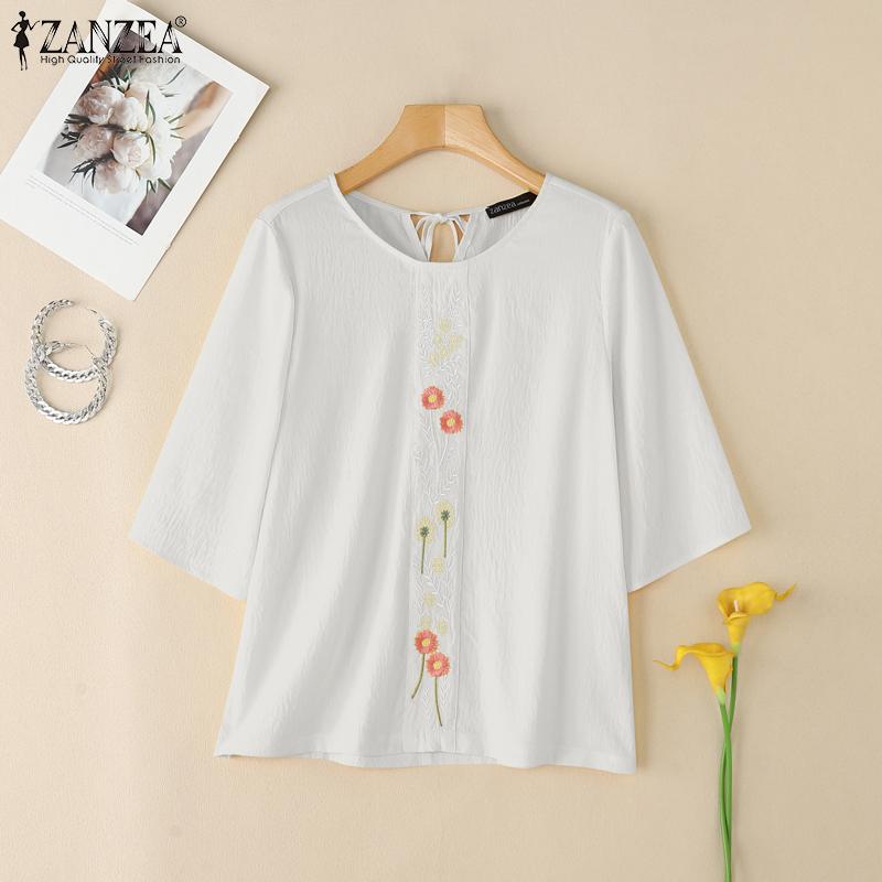 ZANZEA Women Casual Round Neck Floral Embroidery Loose Half Sleeve Blouse
