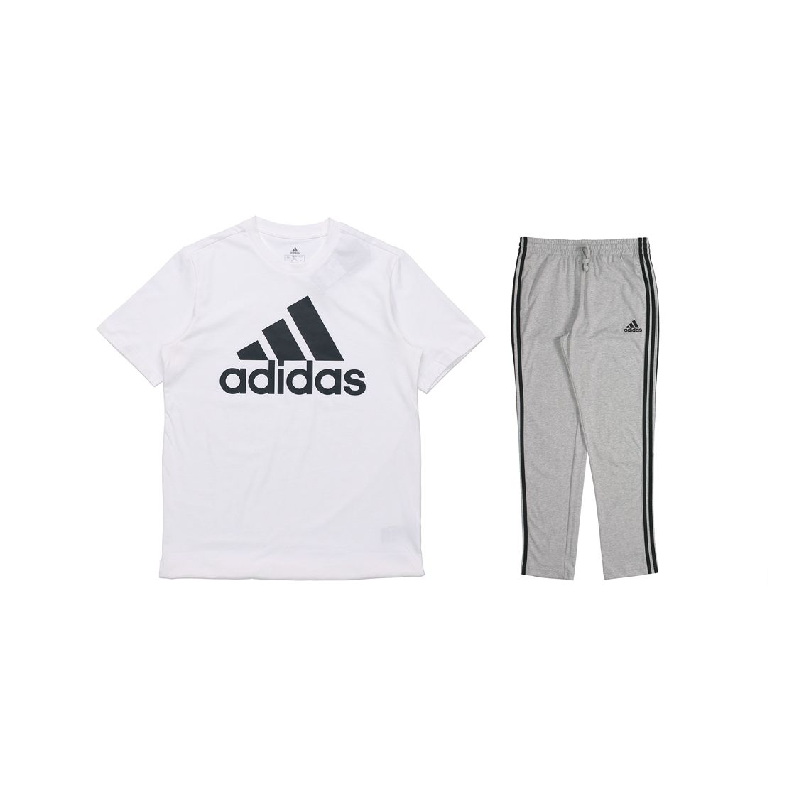 

Adidas Повседневная спортивная футболка с круглым вырезом и коротким рукавом с логотипом и полосатыми спортивными штанами для мужчин, белый серый GK9121+GK8998 S