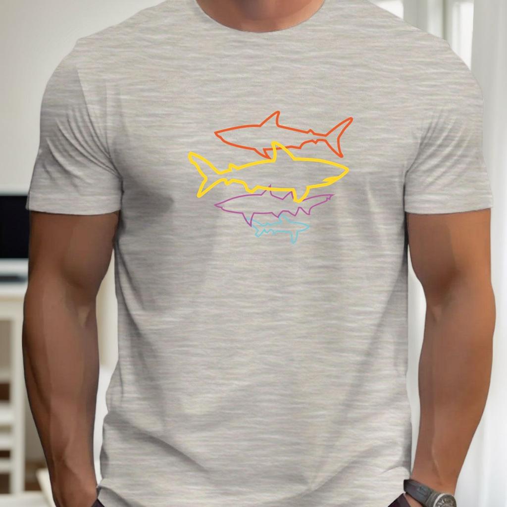 Men Neon Shark Graphic Summer TShirt Vibrant Yellow Casual Short Sleeve Tee with Round Neck Regular Fit for Beach Men Clothing