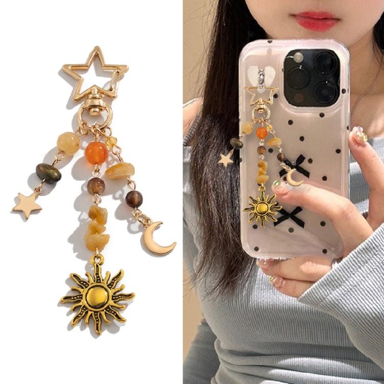 Fashionable Irregular Stone Keychain Colorful Beads Keyring with Stars Moon Sun Pendant Lightweight Key Accessory