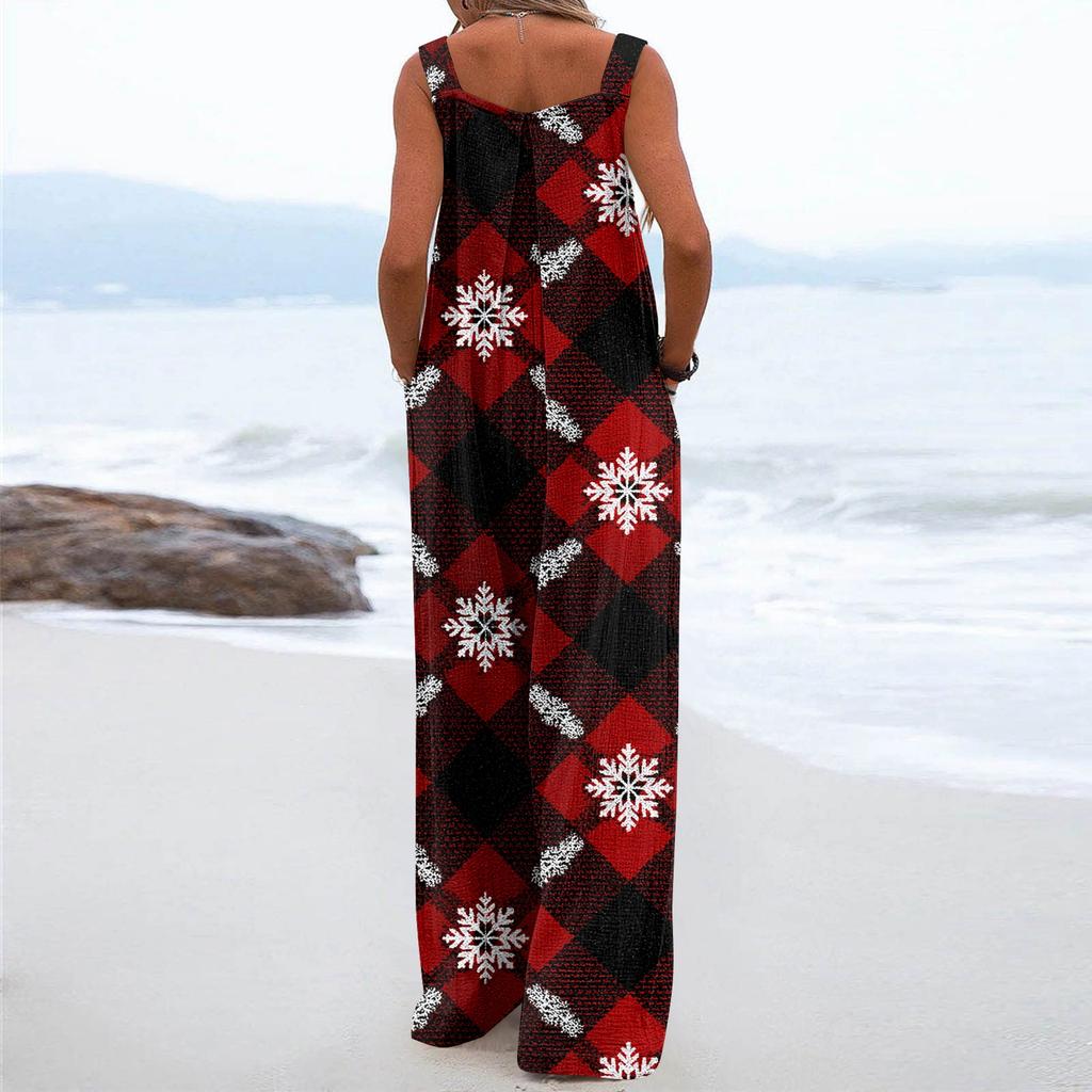Women's Christmas Print Solid Wide Leg Strapless Tank Pocket Casual Onesie