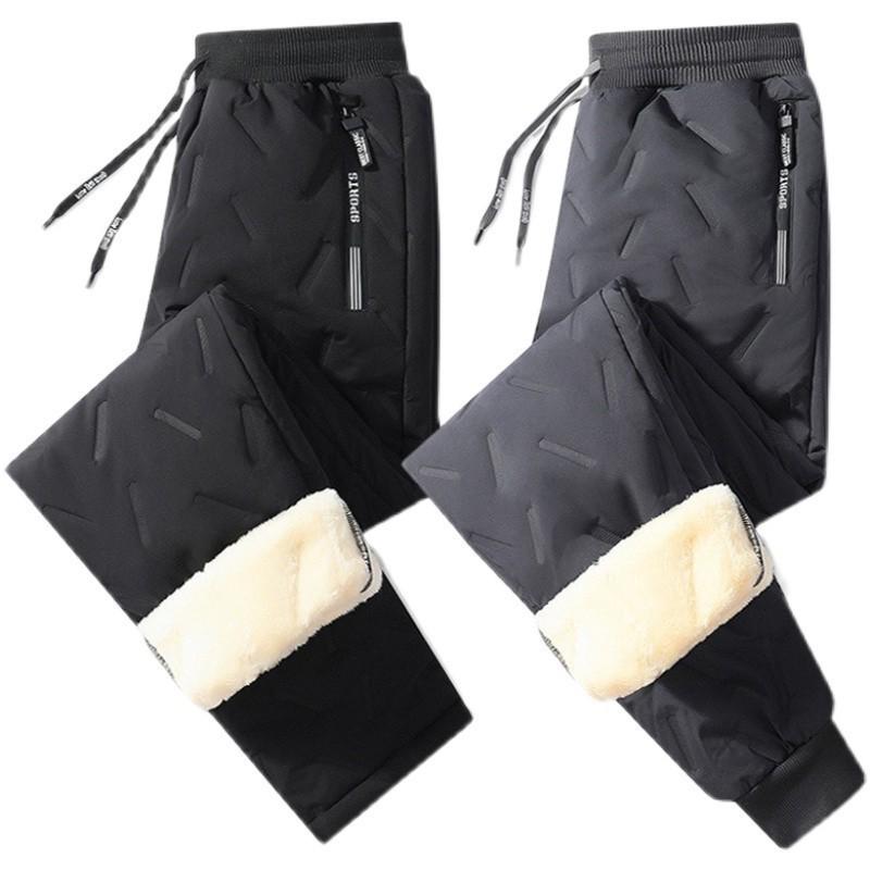 Men's Winter Waterproof Plush Snow Pants - Thick, Windproof, Cuffed, Casual Lambskin Trousers