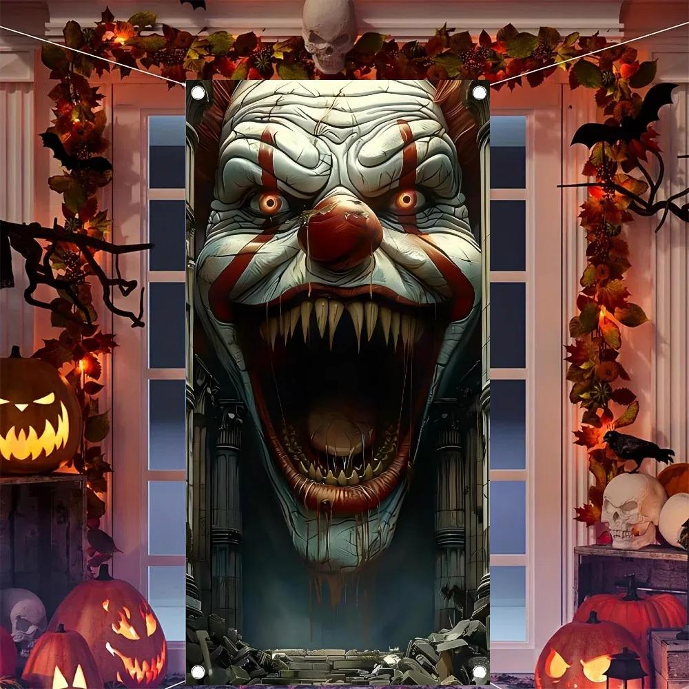 1pc 2D Horror Clown Door banner clown pattern design suitable for Halloween parties front door decoration party ornaments 180x90cm