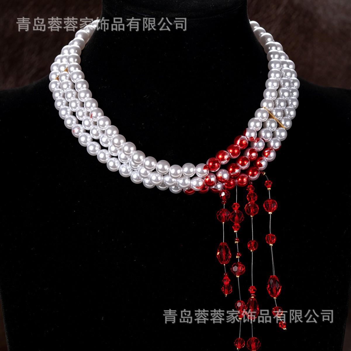 

Cross Border Popular Halloween In Europe America Exaggerated Sweet Cool Gothic Blood Drop Tassel Pearl Necklace Choker