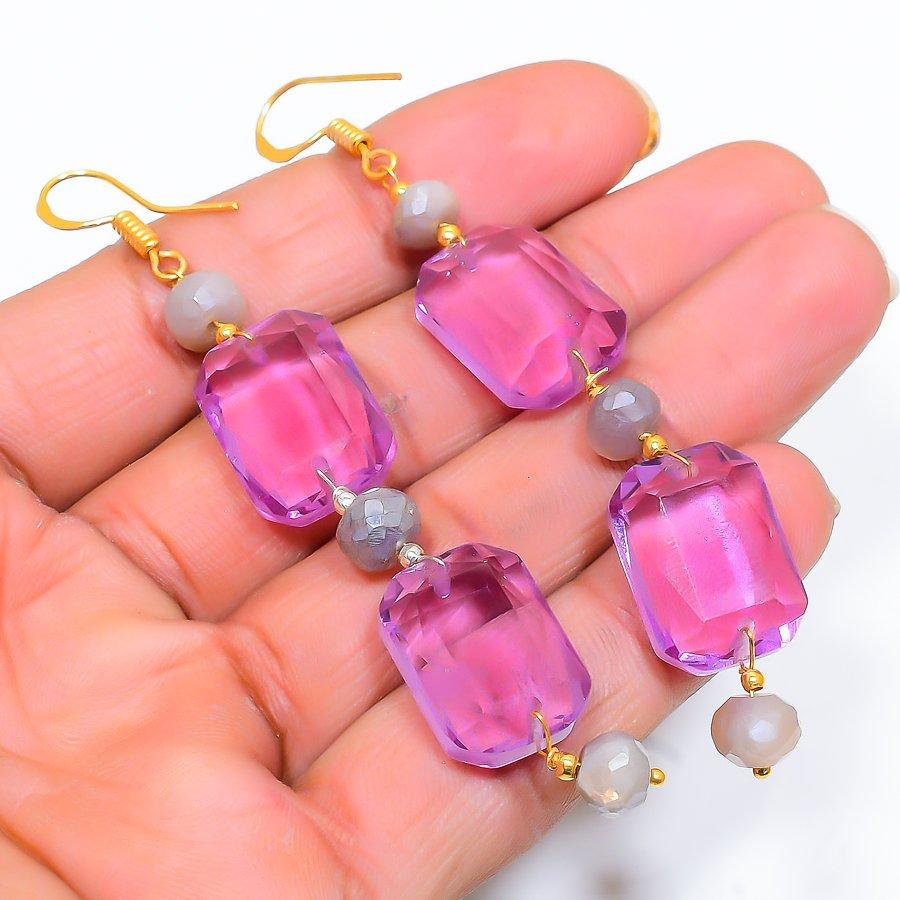 Pink Amethyst Gemstone Handmade 925 Sterling Silver Jewelry Earring 2.88" GK-4826