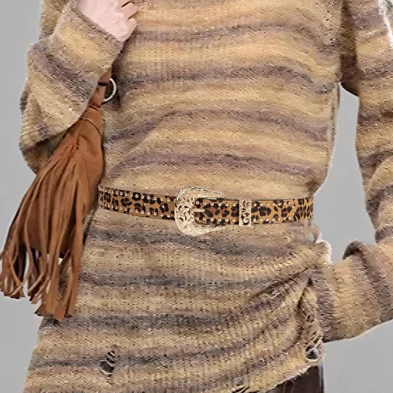 Pin Buckle Belt for Pants Rivet Studded Leopard Pattern Belt Subcultures Sweater Belt 2000s Hot Girl Belt Waist Accessory