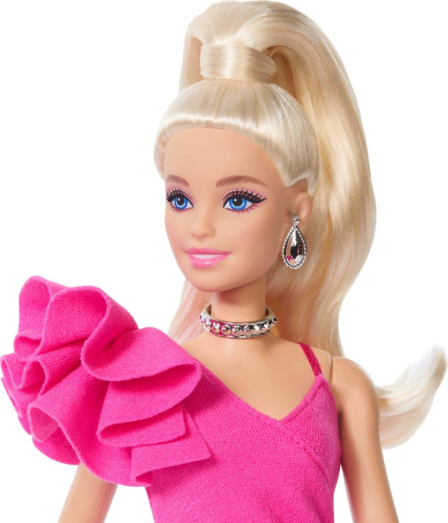 Mattel Barbie Deluxe Style Doll JJN73, Pink Asymmetrical Mini Dress, Black Lace Tights, Blonde Ponytail, Barbiecore, Ages 4+