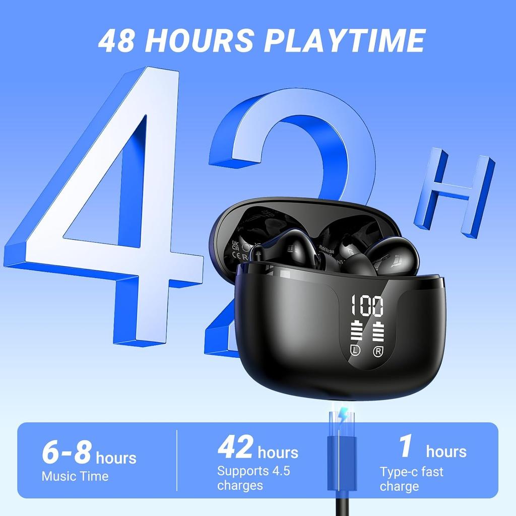 Wireless Earbuds Headphones Bluetooth 5.4 42h Playback for Running/fitness/office 4 Noise Cancelling Microphones IPX6 Earphones for Android iOS