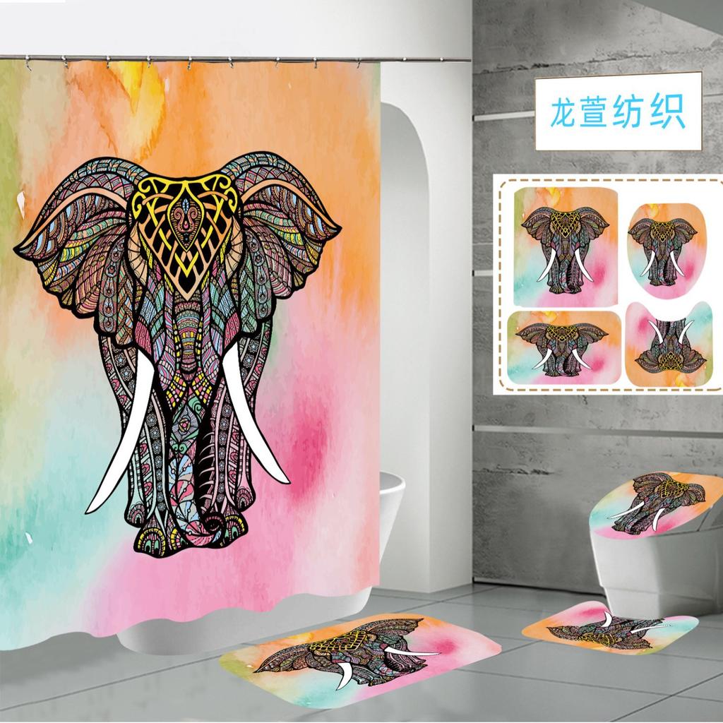 Polyester Elephant 3D Digital Printing Bathroom Personalized Partition Shower Curtain Four-Piece Set