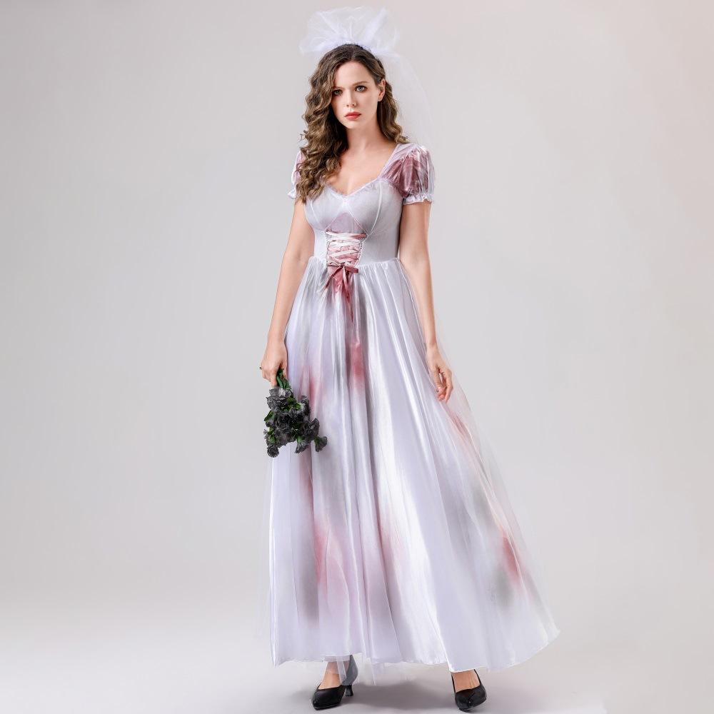 New Adult Female Halloween Ghost Bride Dress Masquerade Ball Stage Performance Dress