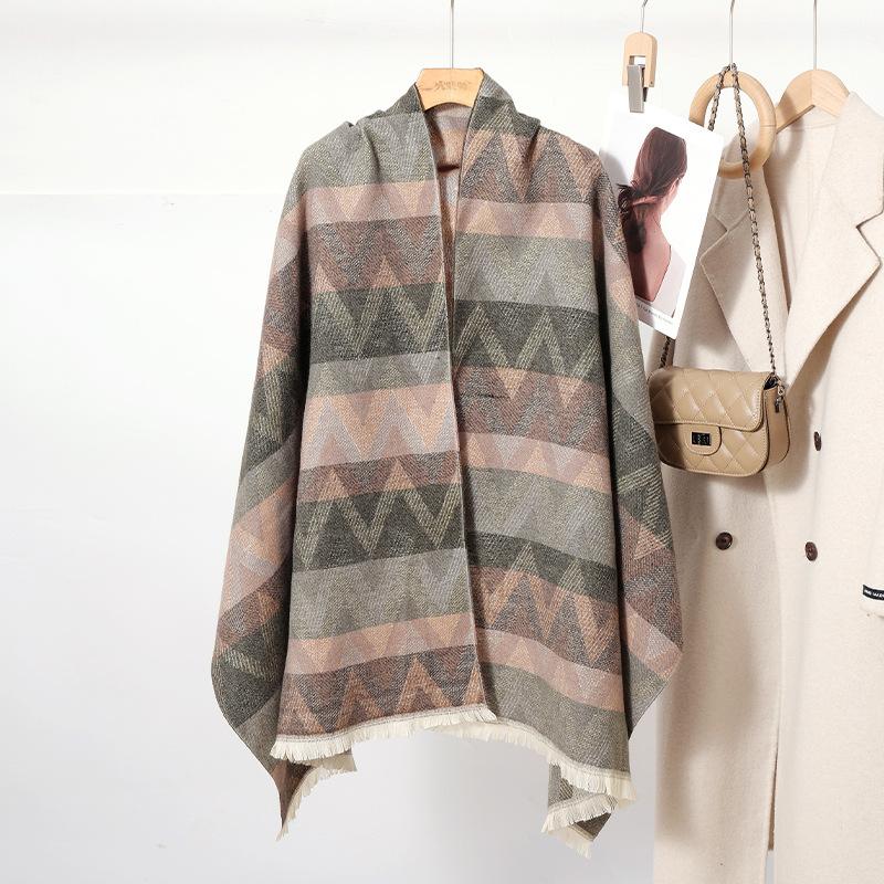 New Autumn and Winter Imitation Cashmere Colorful Wavy Plaid Scarf for Women Korean Version Sweet Warm Windproof Thick Scarf