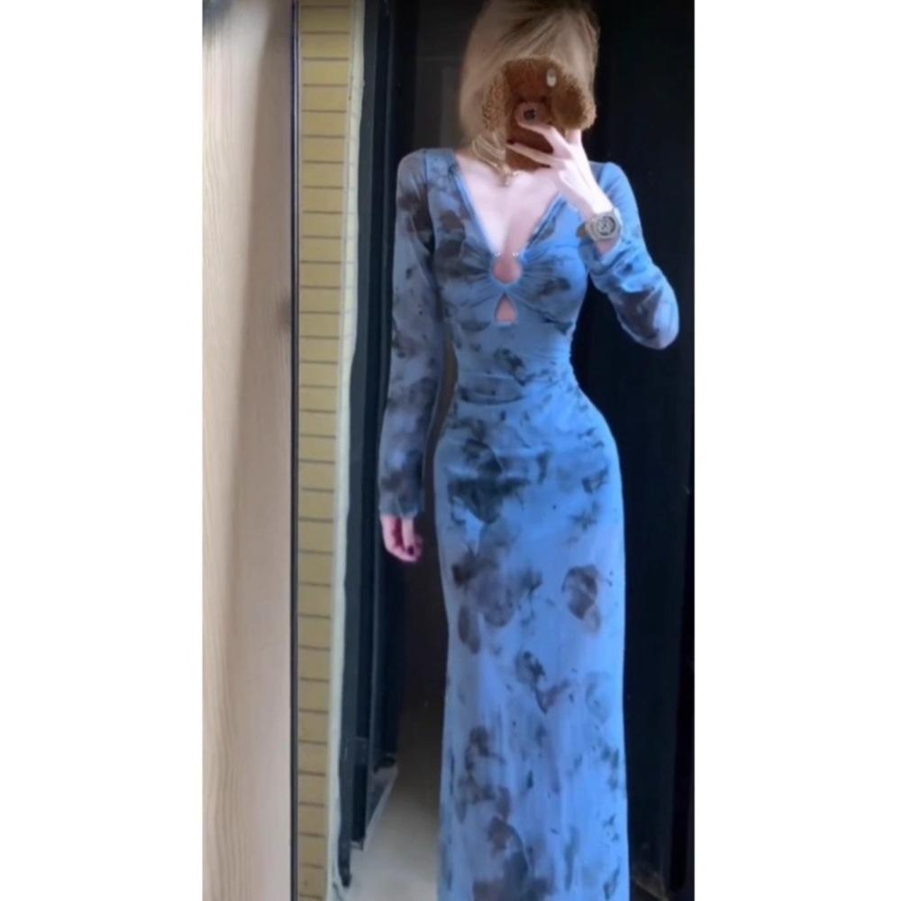 Blue print long-sleeved celebrity sexy dress casual design spring temperament V-neck body fishtail dress