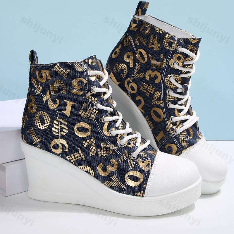 Autumn Women's Color Block High Top Wedge Heel Casual Canvas Shoes Fashion Denim Versatile Comfortable Chunky Single Shoes
