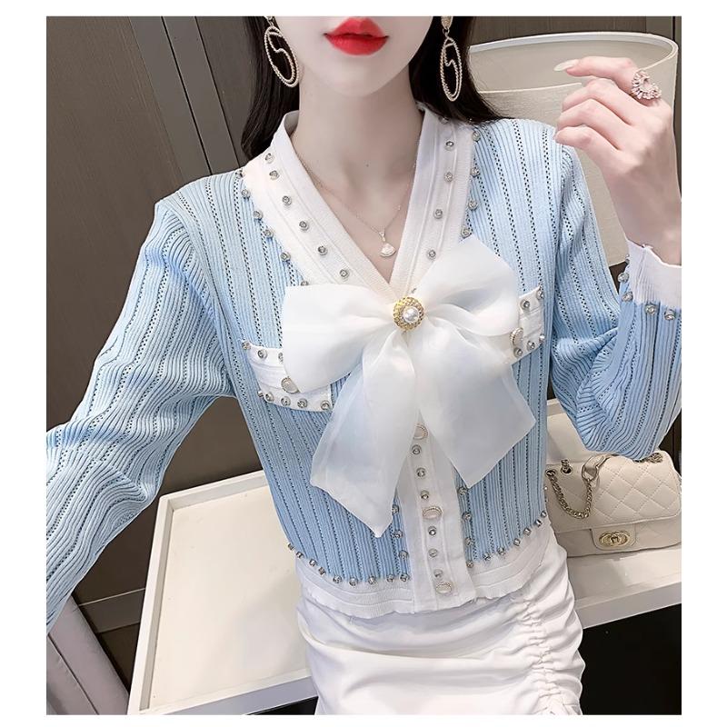 Spring Autumn Women Full Sleeve V-neck Luxury Diamond Beading Bowtie Knitted Sweater Single Breasted Cardigans Tops