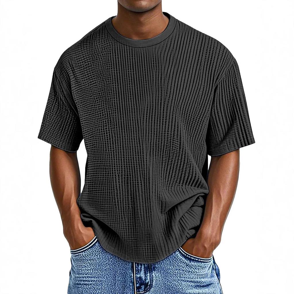 Men's Vertical Striped Textured Crew Neck T-Shirt Loose Fit Breathable Short Sleeve Casual Tee