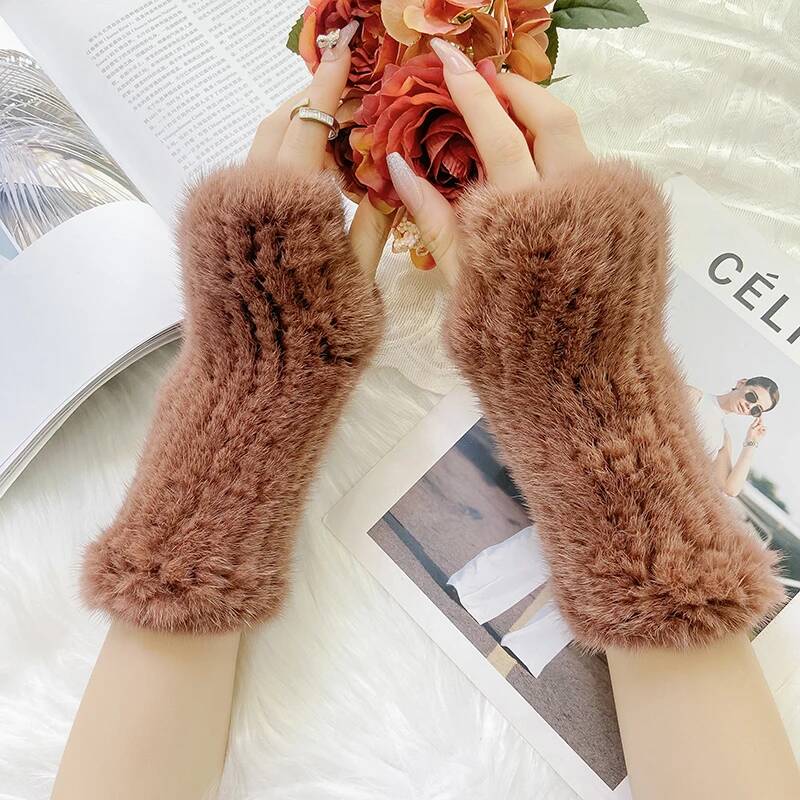 Real Mink Fur Gloves Winter Women's Half Finger Fur Gloves Thickened Handmade Mink Fur Gloves Lady Outdoor Warm Fur Gloves