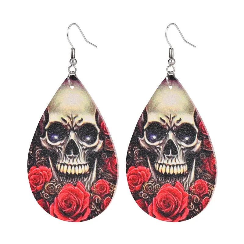 Cross-border hot sale Halloween skull earrings PU leather fashion personalized printing personalized rose skull earrings