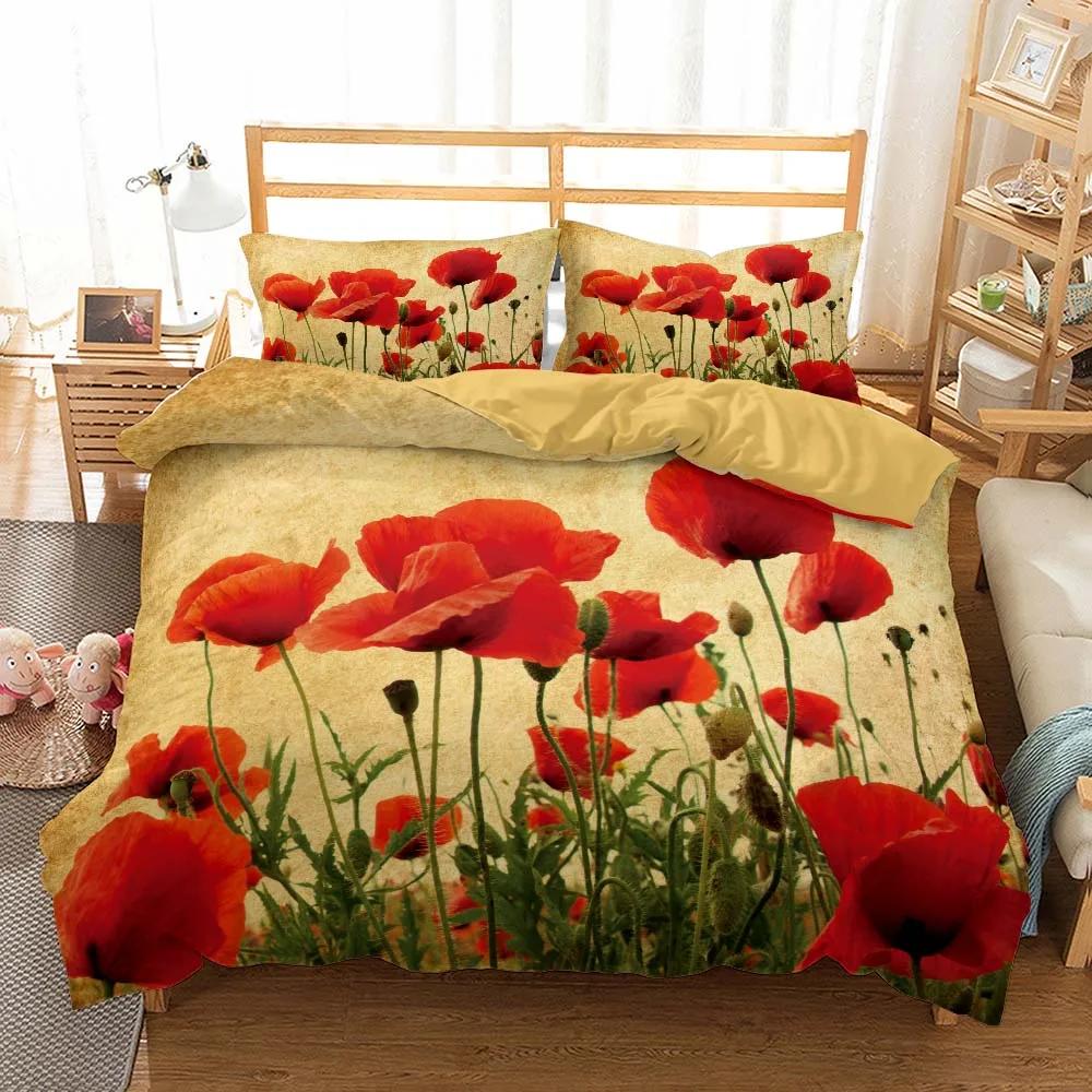 Poppy Flowers Bedding Sets Printed Jacquard Weave Bed Cover With Pillowcases Bedclothes Bedroom Comforter Set King Size Luxury