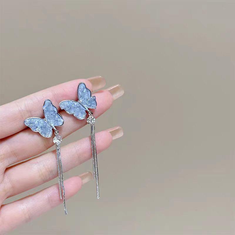 Mori haze blue butterfly long fringed earrings women, silver needle design sense small fresh earrings earrings 925 silver needle