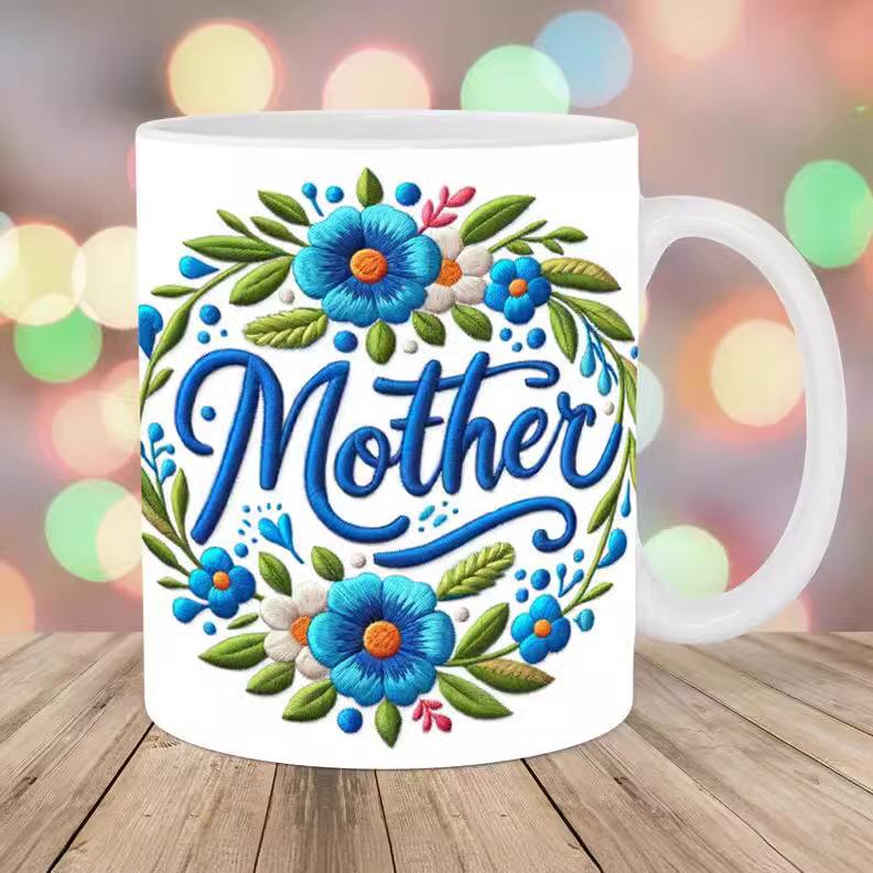 3D Embroidery Flower Embroidered Ceramic Coffee Mug Tea Cup Mom Mum Mother