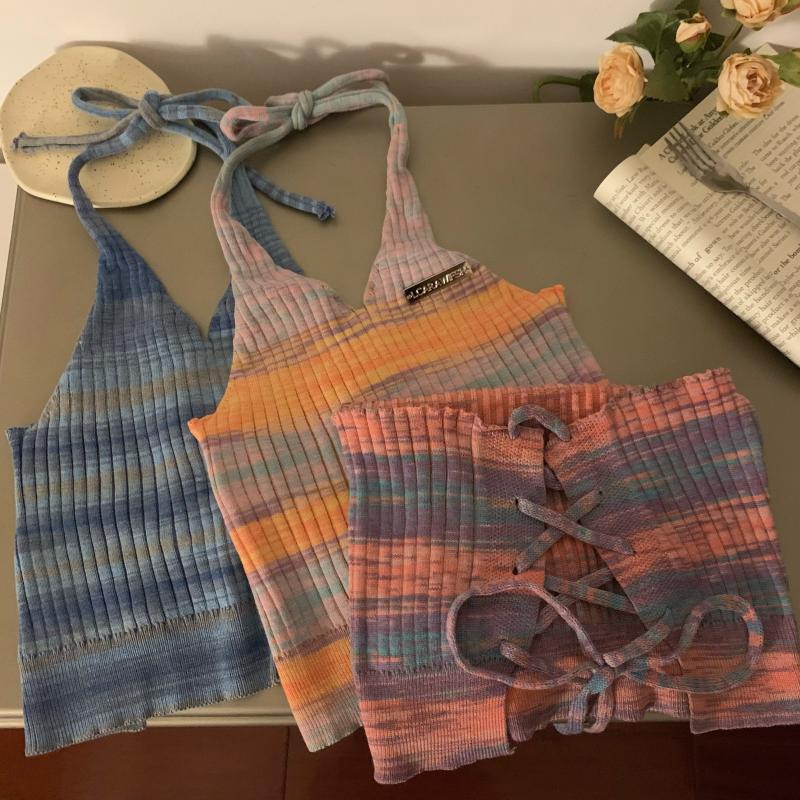 Dámské Slim Halter Crop Topy Pletené Tílko Streetwear Bez zad Univerzální Topy