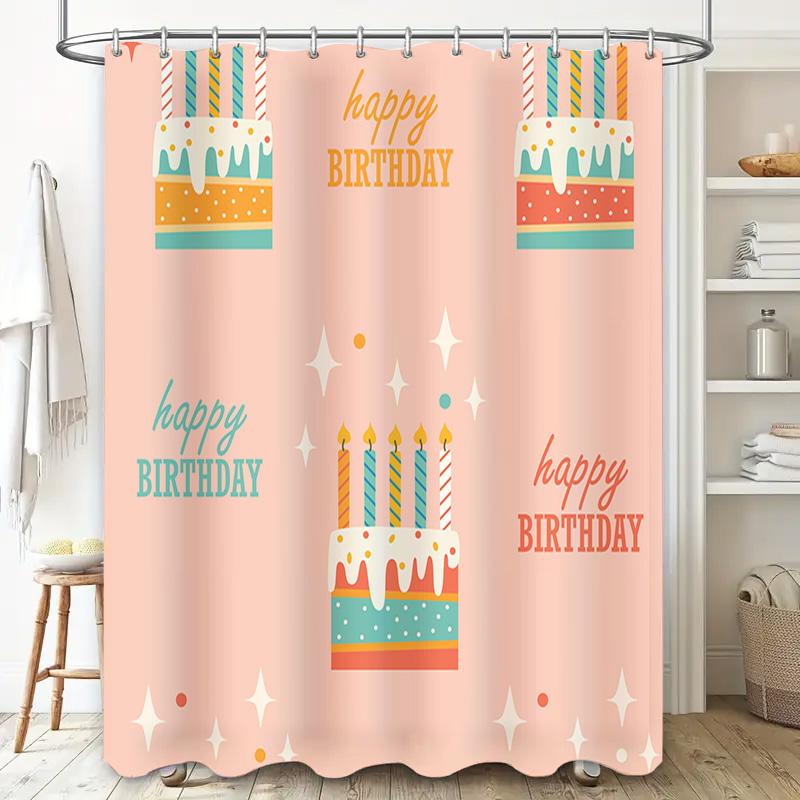 Happy Birthday Shower Curtain With Cake Pattern Pink Color Decorative Waterproof Bath Mat Cover Set Perfect Gift For Birthday Pa