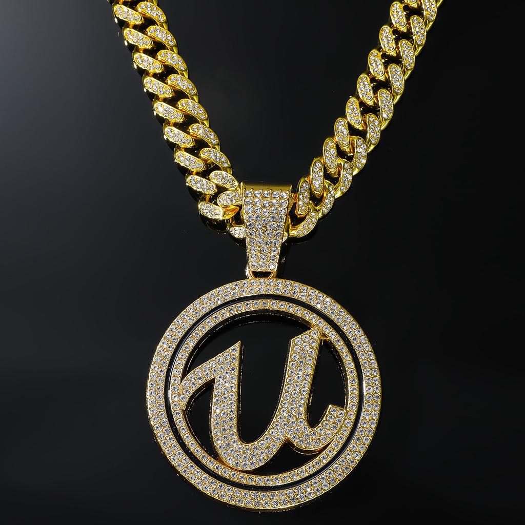 Letter U Round Brand Full of Diamonds Three-dimensional Pendant Cuban Chain, Personality Trend Necklace, Nightclub Hip-hop Collarbone Chain