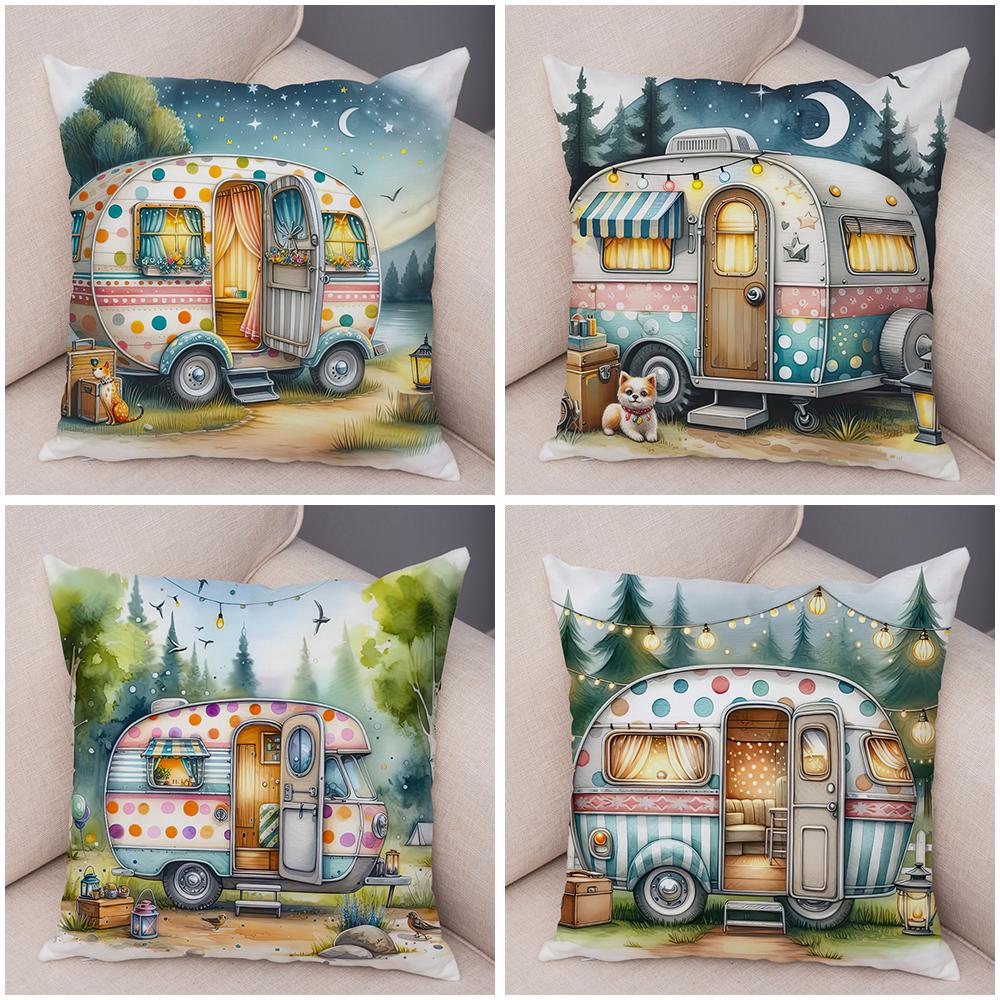 Happy Campers Pillow Case Double Print Decor Cartoon House Travel Car Cushion Cover for Sofa Home Soft Plush Pillowcase