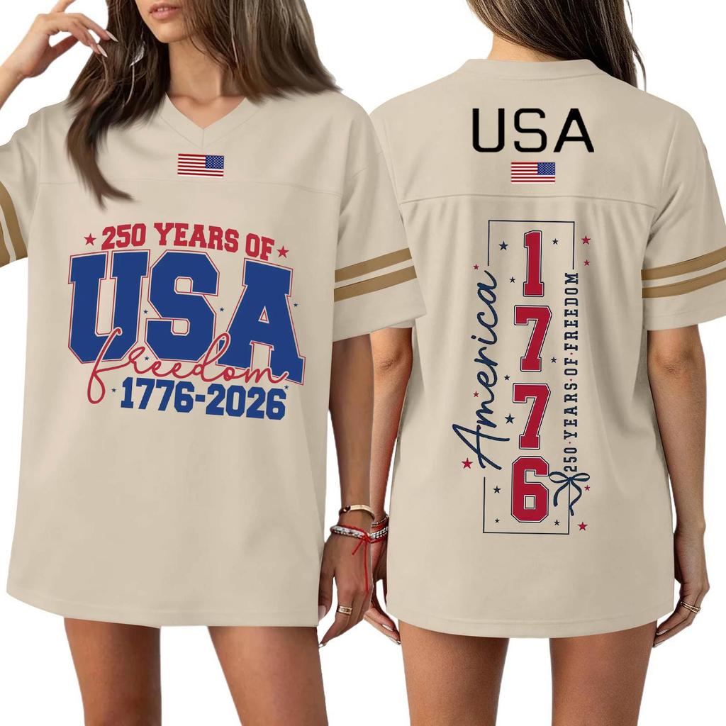 Damska Codzienna Modna Koszulka Sportowa z Dekoltem V z Nadrukiem na Dzień Niepodległości Krótkim Rękawem Top