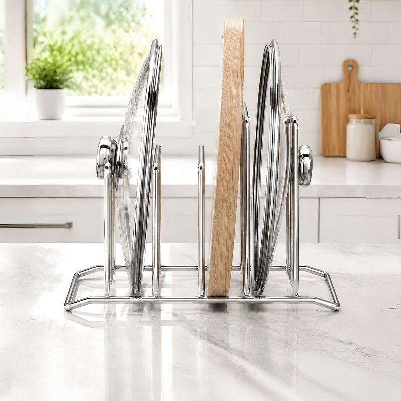 Stainless Steel Pot Lid and Cutting Board Rack Space Saving 4 Slot Design Wall Mounted Kitchen Organizer for Small Kitchen Storage Use