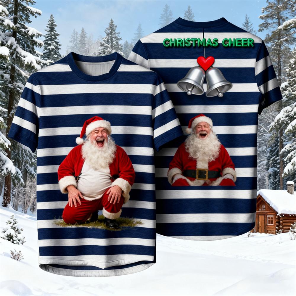 Christmas-Themed Men's Crew Neck Short-Sleeve T-Shirt 3D Santa Claus Striped Print Unisex Comfortable Breathable T-Shirt