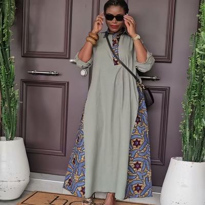 European, American Summer African Polo Collar Splicing Dress Elegant Temperament Versatile Splicing Long Skirt
