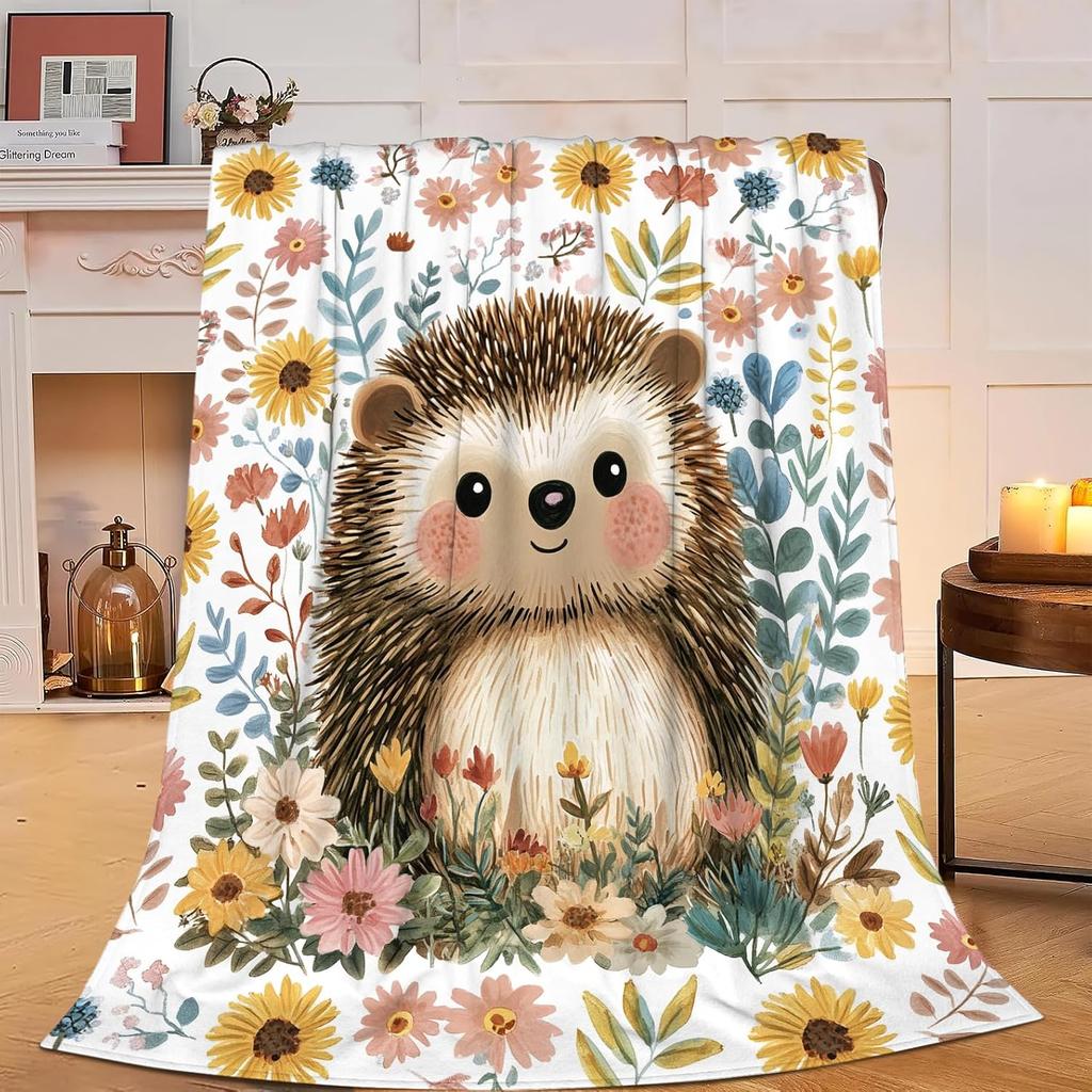 Cartoon Hedgehog Flannel Blanket Soft Warm Lightweight Blanket Cute Animal Print Blanket for Bed Sofa Couch King Queen Size