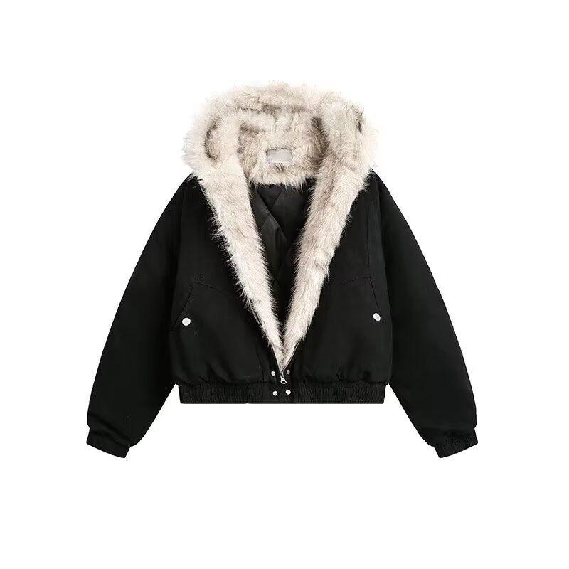 Winter Elegant Liner Fur Loose Coat Women Y2k Fur Collar Hood Thick Fashion Parkas Casual Outerwear Cotton Padded Jackets