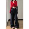 Retro Dark Blue High Waist Wide Leg Jeans – Petite Bootcut with Slimming Drape