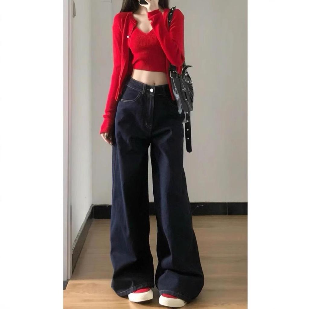 Retro Dark Blue High Waist Wide Leg Jeans – Petite Bootcut with Slimming Drape