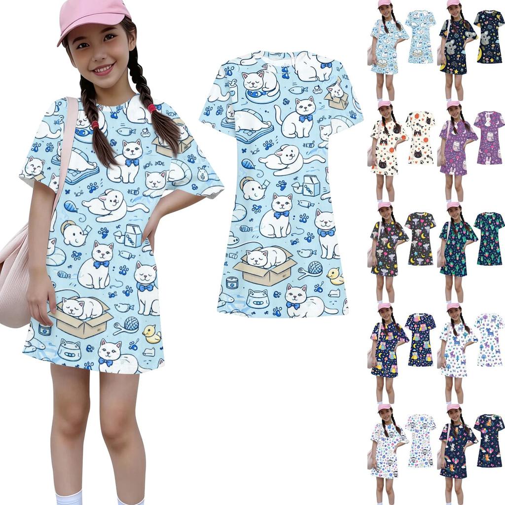Girls Print Casual Dress Kids Loose Round Neck Short Sleeve Thin Sundress