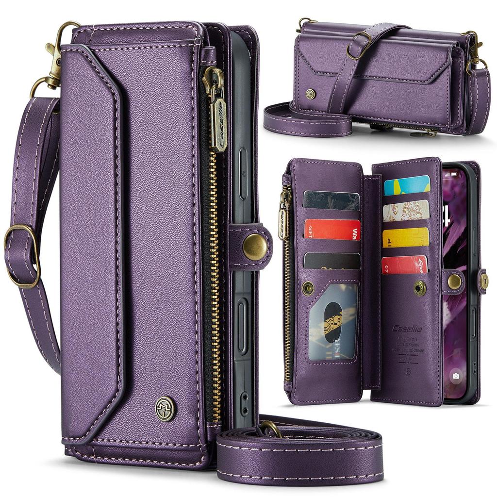 CaseMe (C36) Crossbody Wallet Case For iPhone 13 14 15 16 Pro Max Zipper Wrise Multi-functional Flip PU Leather Card Slots Holder Cover Protector