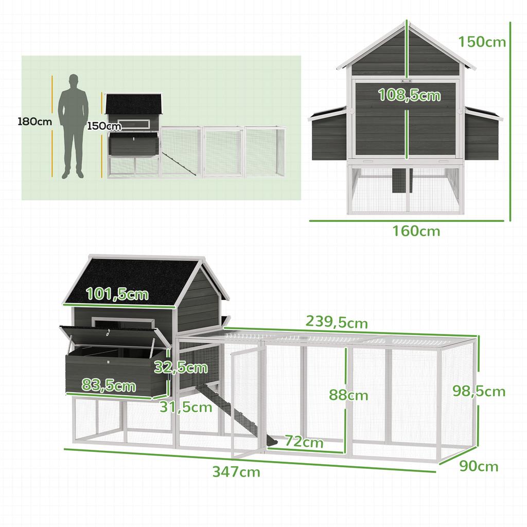 Pollaio in Legno con Recinto Nido Tegole in Asfalto Vassoio Estraibile per 4-6 Galline 347x160x150 cm Grigio Scuro