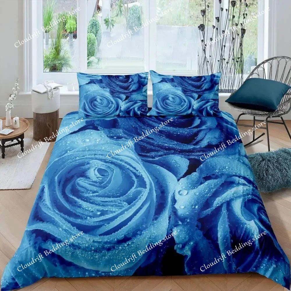 Juego de ropa de cama con diseño floral de rosas azules para niños y niñas, tamaño queen, funda nórdica y funda de almohada, moda para niños y adultos, textiles para el hogar