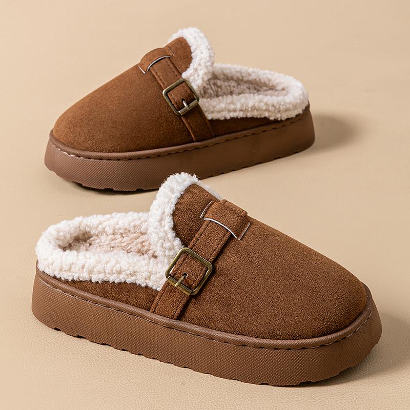 Fashion Outdoor Faux Suede Plush Slippers for Women 2025 Winter Warm Platform Boken Slippers Woman Thick Sole Non Slip Home Slides