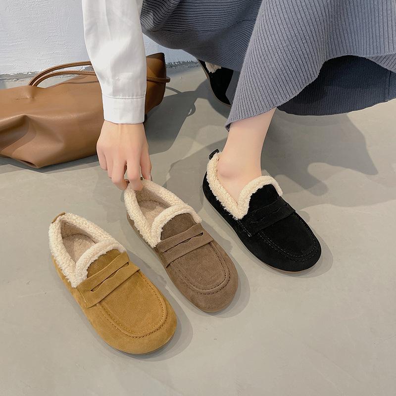 Vintervarma platta skor för kvinnor efter förlossningen, fleecefodrade loafers, stor storlek, slip-on skor för kvinnor, tjock sula, sherpafodrade ballerinaskor