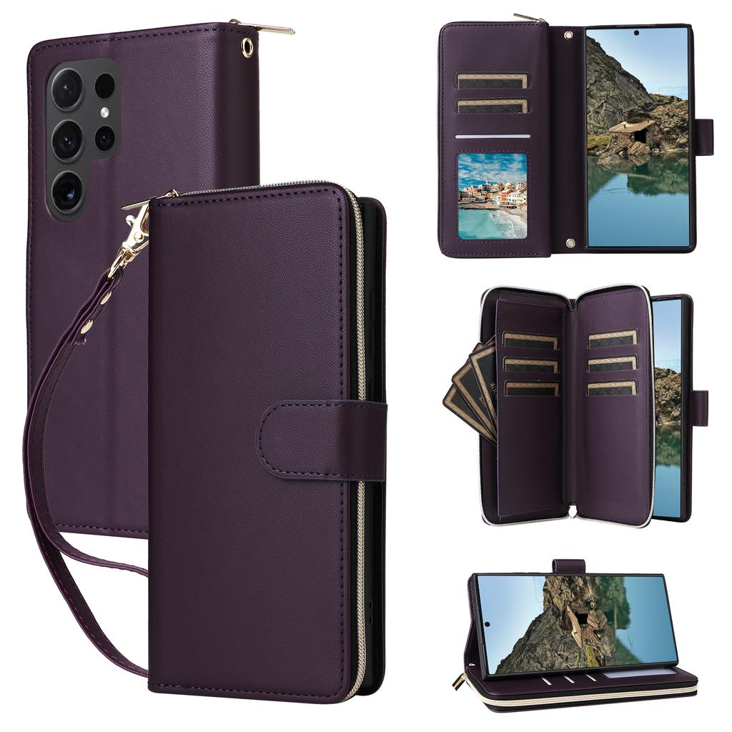 R20 For Samsung Galaxy S24 Ultra Case PU Leather Zipper Pocket Phone Cover