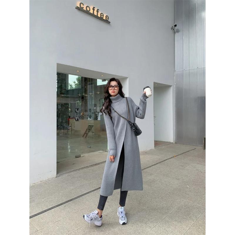 Neu im Herbst Winter Damen Strickpullover Lange Kleider Hochgeschlossenes, geteiltes, lockeres Pulloverkleid Lässiger Temperamentpullover mit Kleidung der unteren Schicht