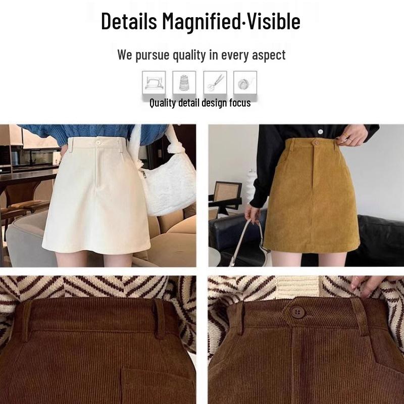 2024 Spring/Summer Retro Corduroy High-Waisted A-Line Midi Mini Hip Wrap Skirt for Women