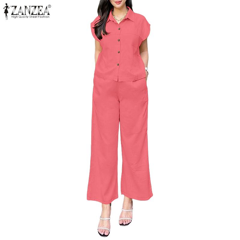 ZANZEA Women Short Sleeve Blouse and Pants Summer Two Piece Suit Sets