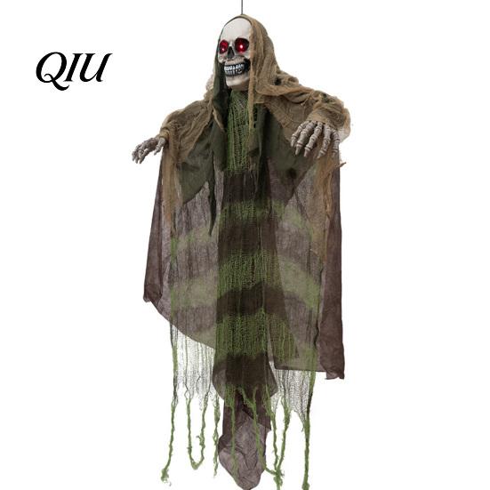 Creepy Doorway Ghost Ornaments Halloween Animatronics Hanging Decoration, Sound Activated Grim Reaper Prop with LED Secret Room Props Glowing Eyes And